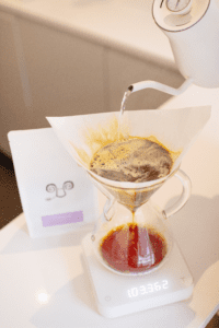 Ethiopian coffee being brewed in a Chemex